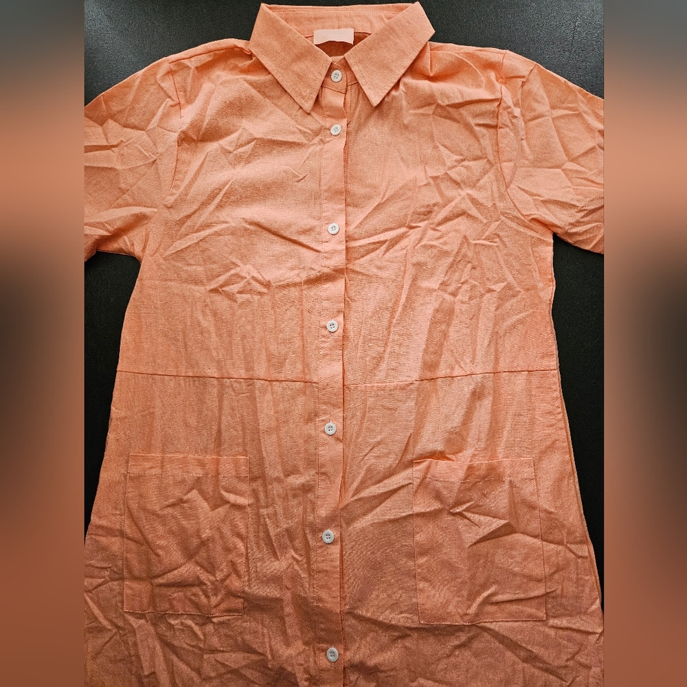 NWT- Linen Texture "An Elegant Woman" Boutique Orange Midi Shirtdress - Size L - Picture 7 of 11